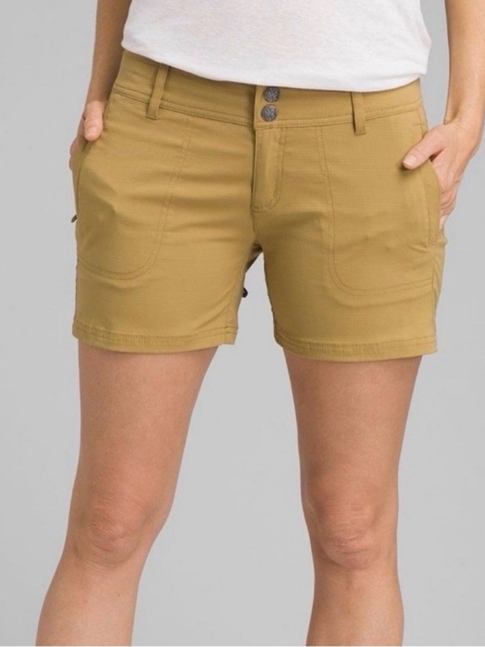 Prana Revenna Hiking Shorts Khaki Size 0  Zip Pockets Summer Pockets Stretch